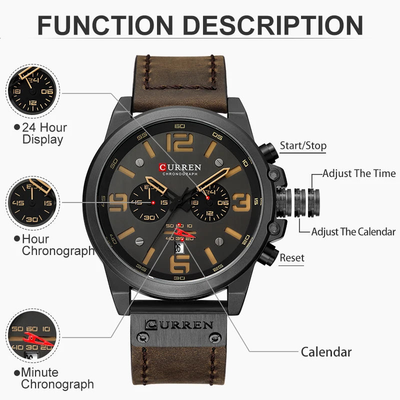 Mens Watches Top Luxury Brand Waterproof Sport Wrist Watch Chronograph Quartz Military Genuine Leather Relogio Masculino