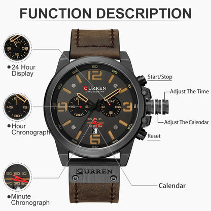 Mens Watches Top Luxury Brand Waterproof Sport Wrist Watch Chronograph Quartz Military Genuine Leather Relogio Masculino