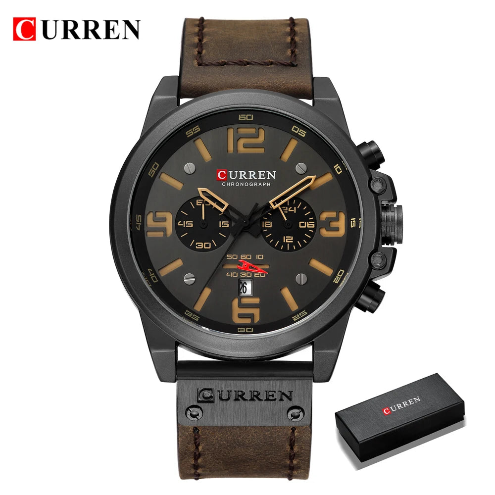 Mens Watches Top Luxury Brand Waterproof Sport Wrist Watch Chronograph Quartz Military Genuine Leather Relogio Masculino