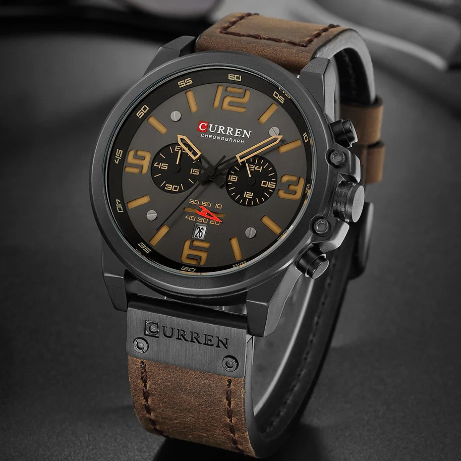 Mens Watches Top Luxury Brand Waterproof Sport Wrist Watch Chronograph Quartz Military Genuine Leather Relogio Masculino